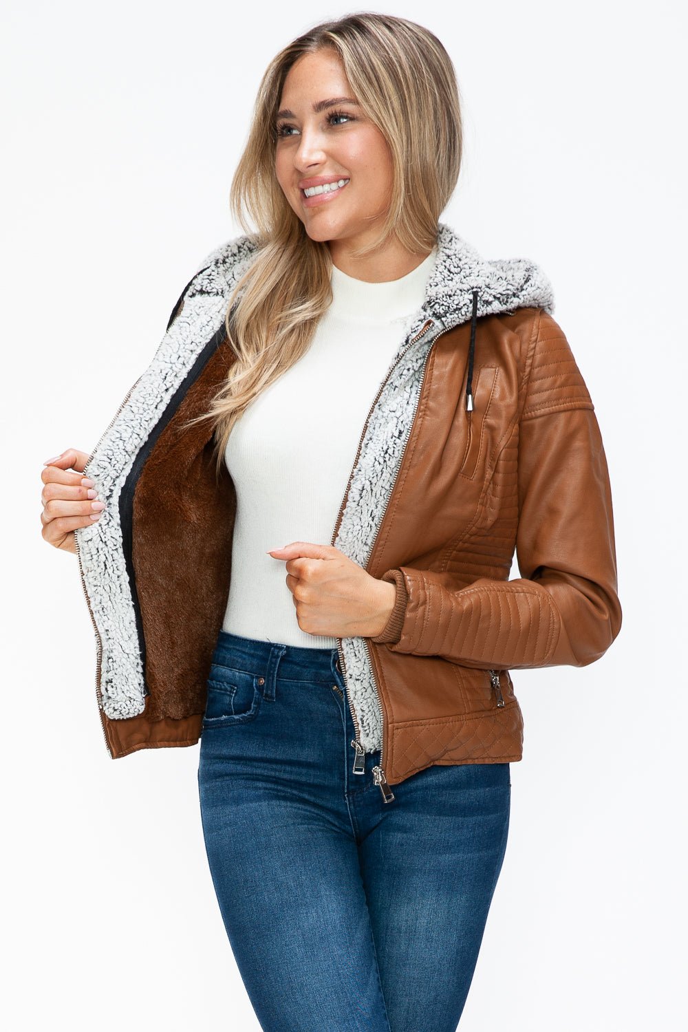 YMI Faux Layered Double - Zipper Jacket with Fuzzy Hood - Flip Flop Dynasty