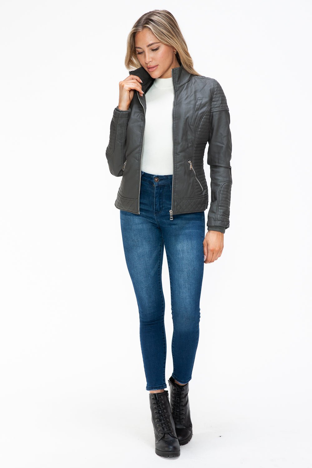 YMI Faux Layered Double - Zipper Jacket with Fuzzy Hood - Flip Flop Dynasty