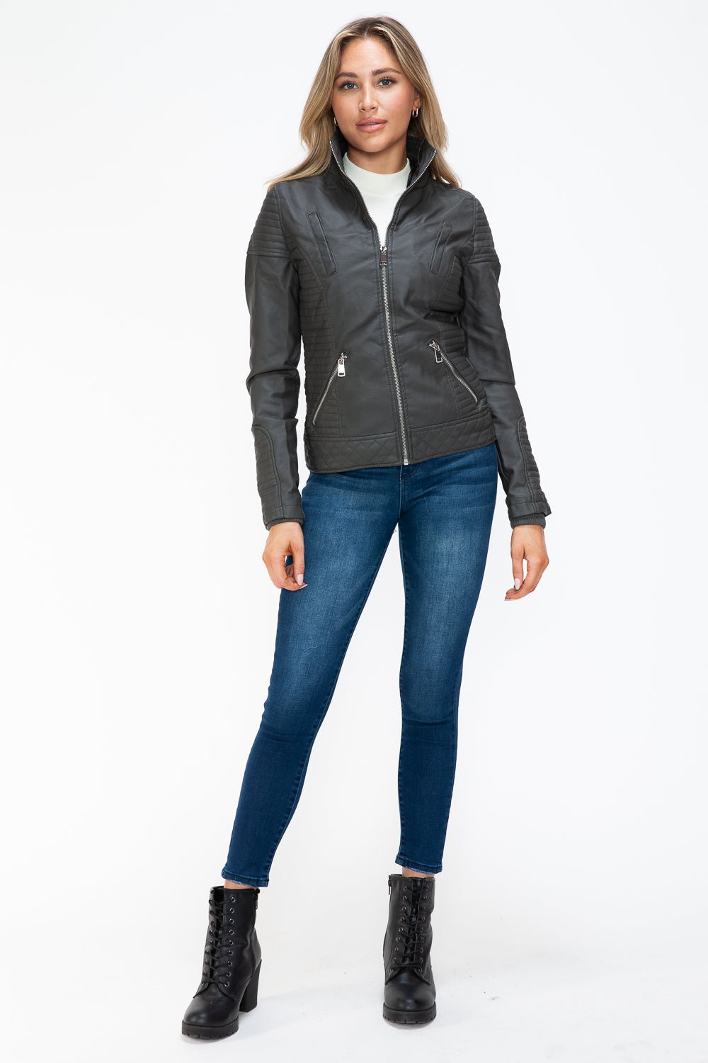 YMI Faux Layered Double - Zipper Jacket with Fuzzy Hood - Flip Flop Dynasty