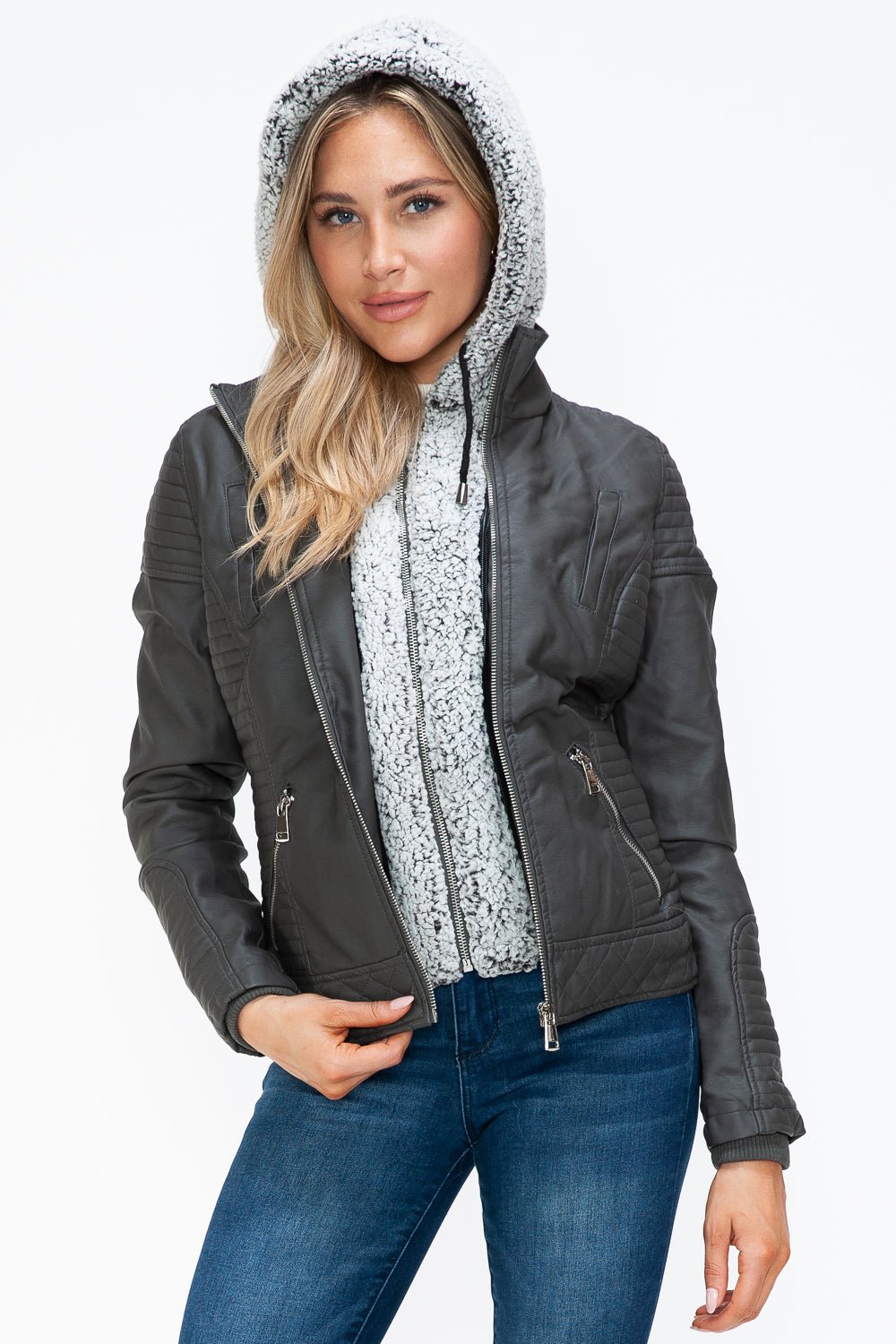 YMI Faux Layered Double - Zipper Jacket with Fuzzy Hood - Flip Flop Dynasty