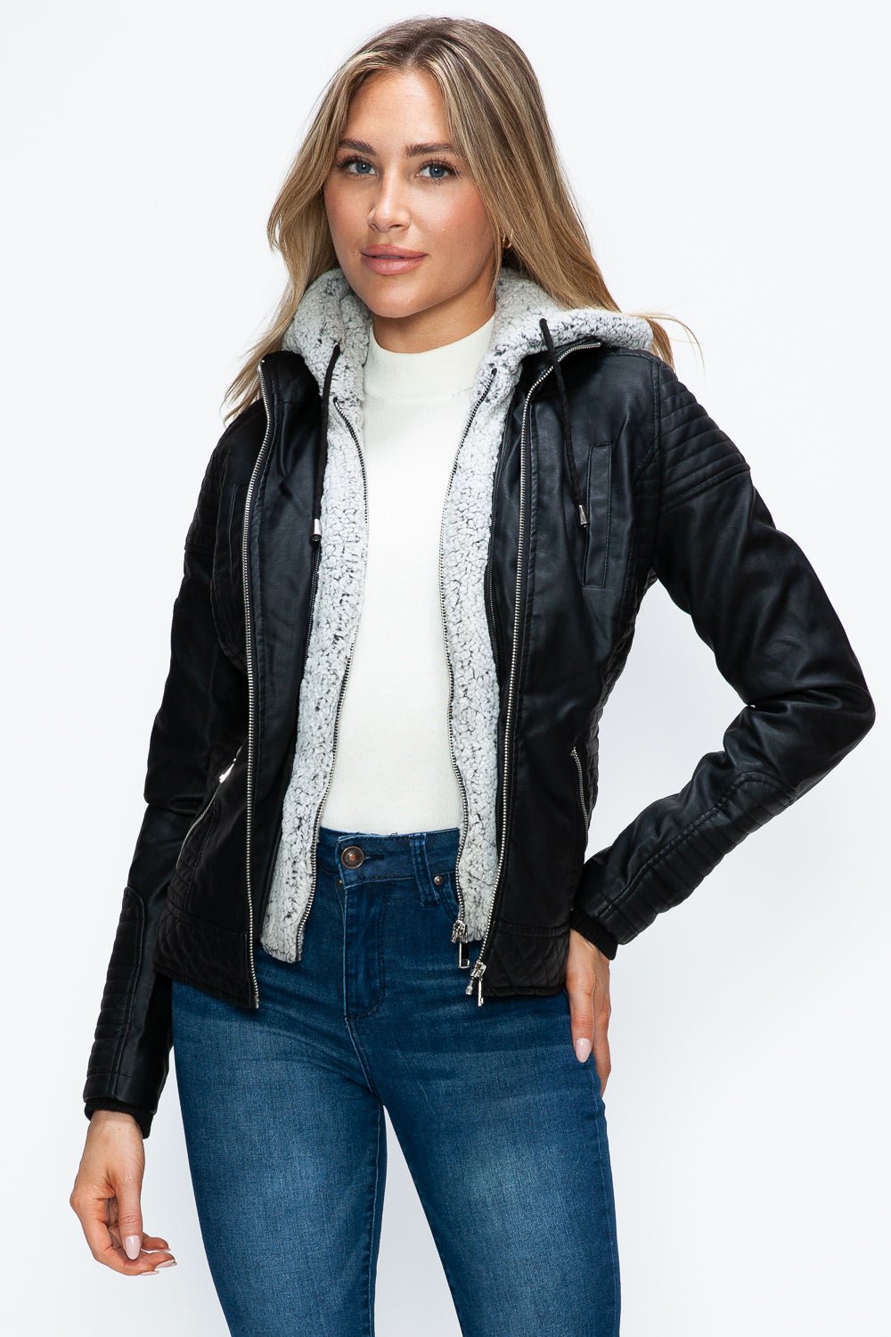 YMI Faux Layered Double - Zipper Jacket with Fuzzy Hood - Flip Flop Dynasty