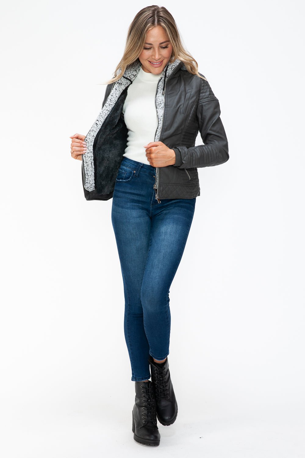 YMI Faux Layered Double - Zipper Jacket with Fuzzy Hood - Flip Flop Dynasty