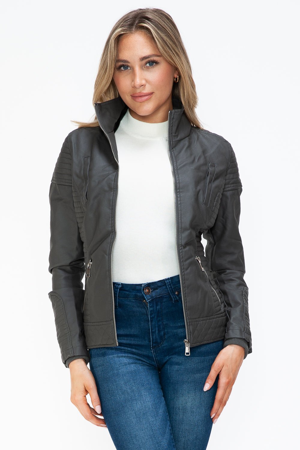 YMI Faux Layered Double - Zipper Jacket with Fuzzy Hood - Flip Flop Dynasty