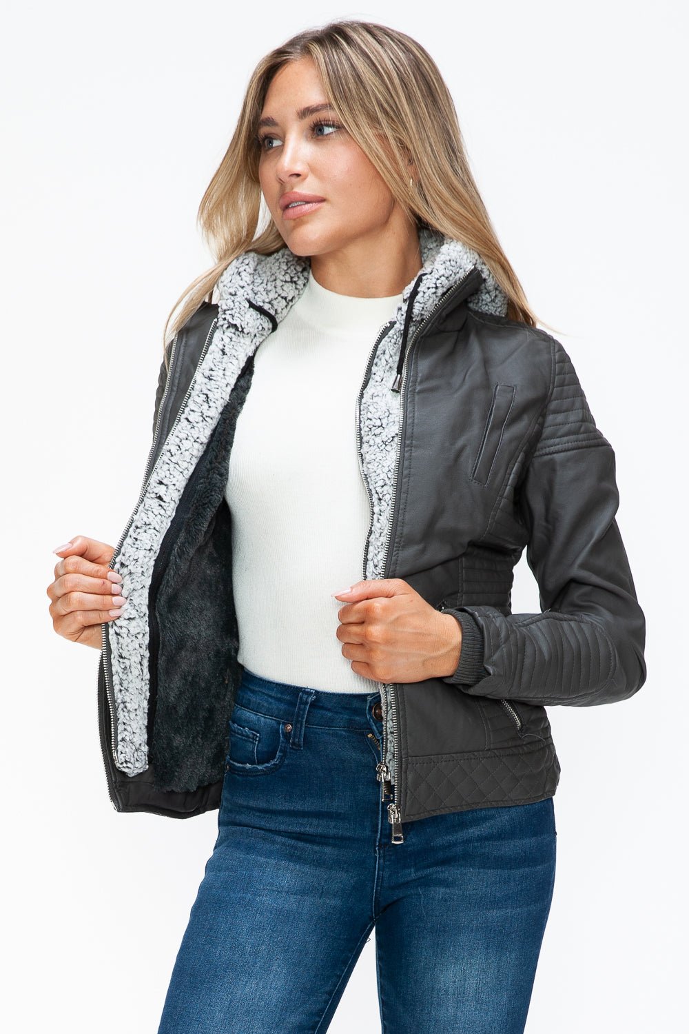 YMI Faux Layered Double - Zipper Jacket with Fuzzy Hood - Flip Flop Dynasty