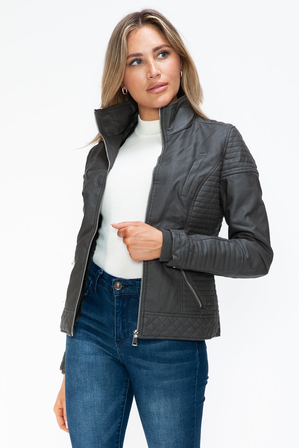 YMI Faux Layered Double - Zipper Jacket with Fuzzy Hood - Flip Flop Dynasty