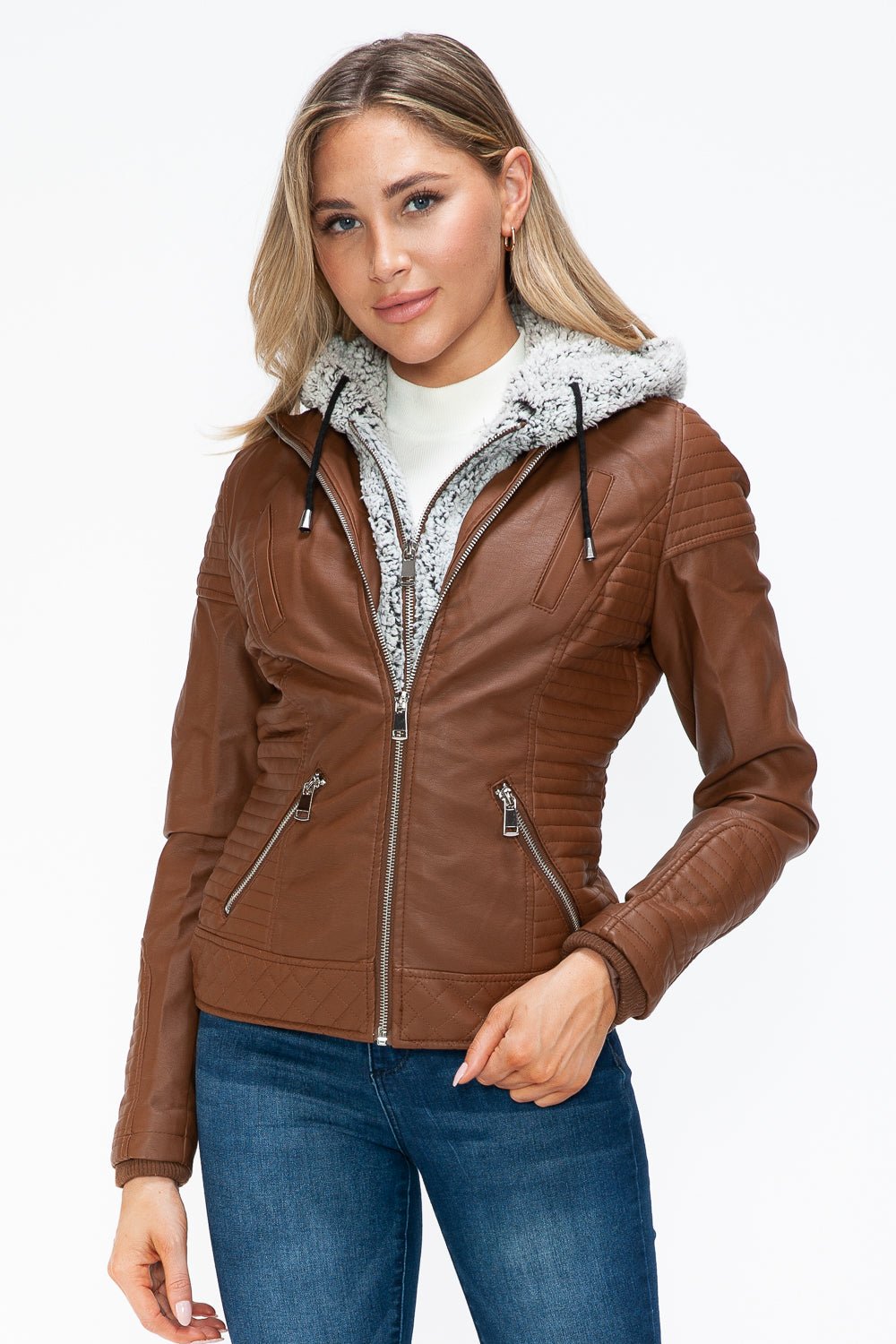 YMI Faux Layered Double - Zipper Jacket with Fuzzy Hood - Flip Flop Dynasty