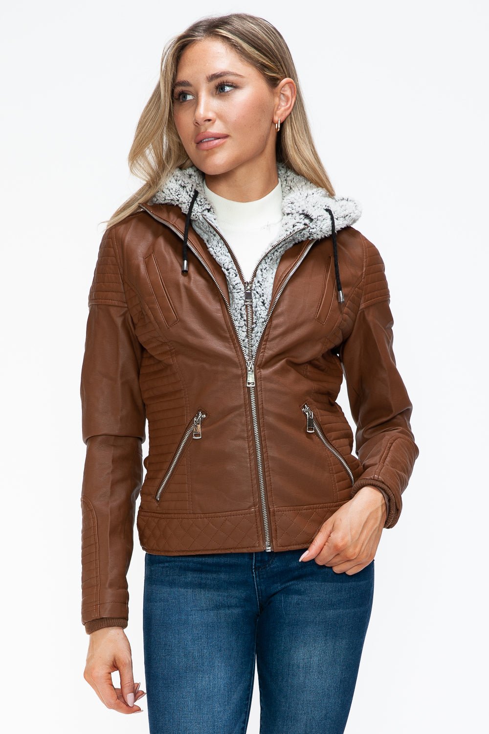 YMI Faux Layered Double - Zipper Jacket with Fuzzy Hood - Flip Flop Dynasty