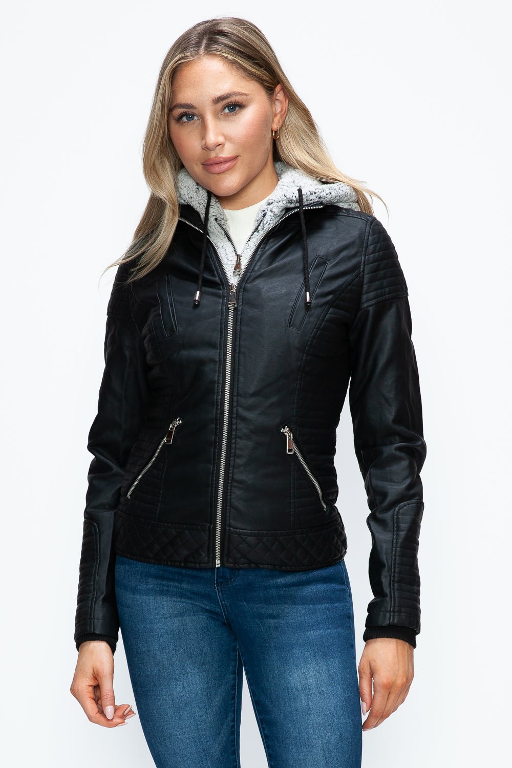 YMI Faux Layered Double - Zipper Jacket with Fuzzy Hood - Flip Flop Dynasty