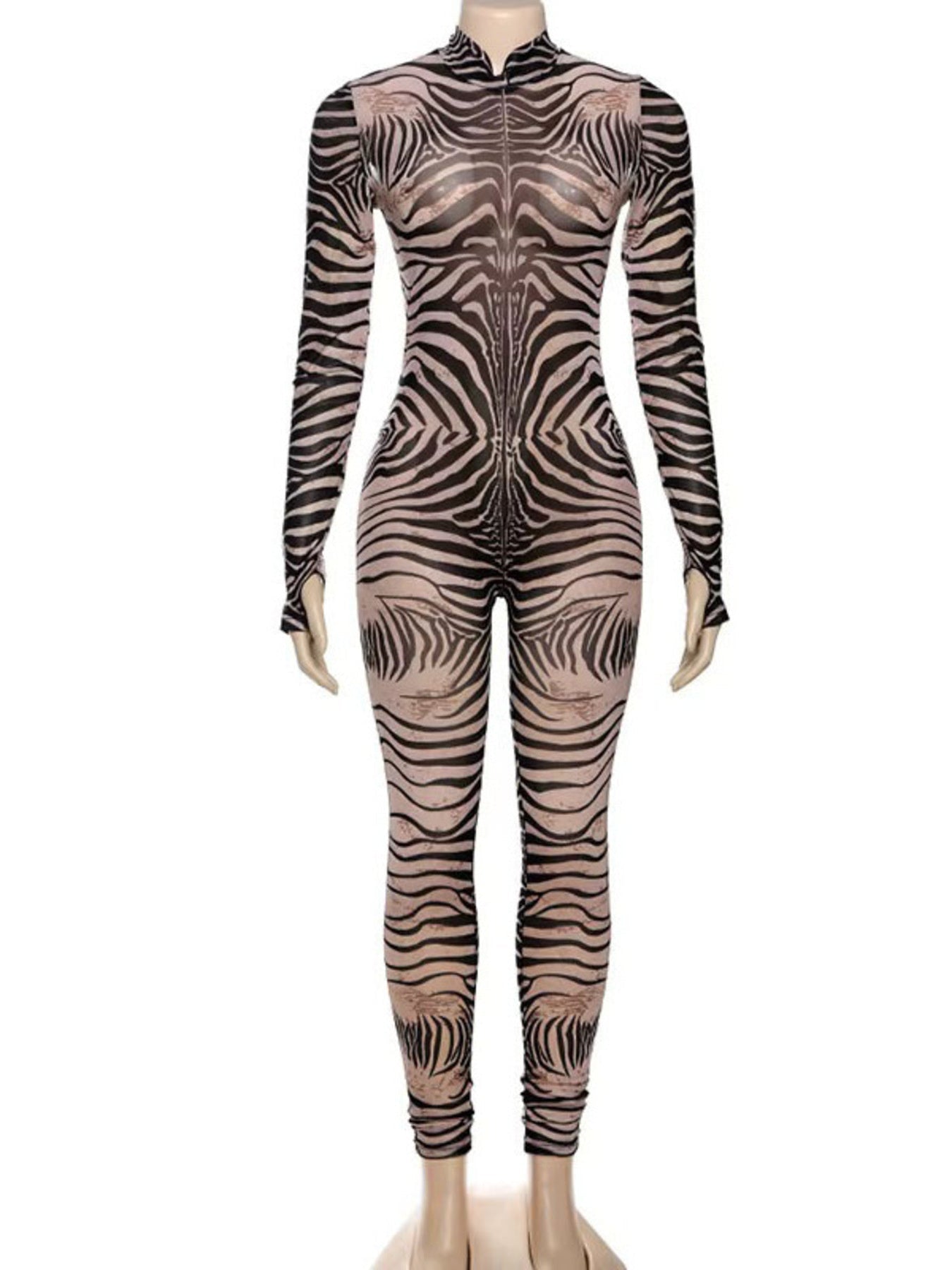 Zebra Print Long Sleeve Bodycon Jumpsuit - Flip Flop Dynasty