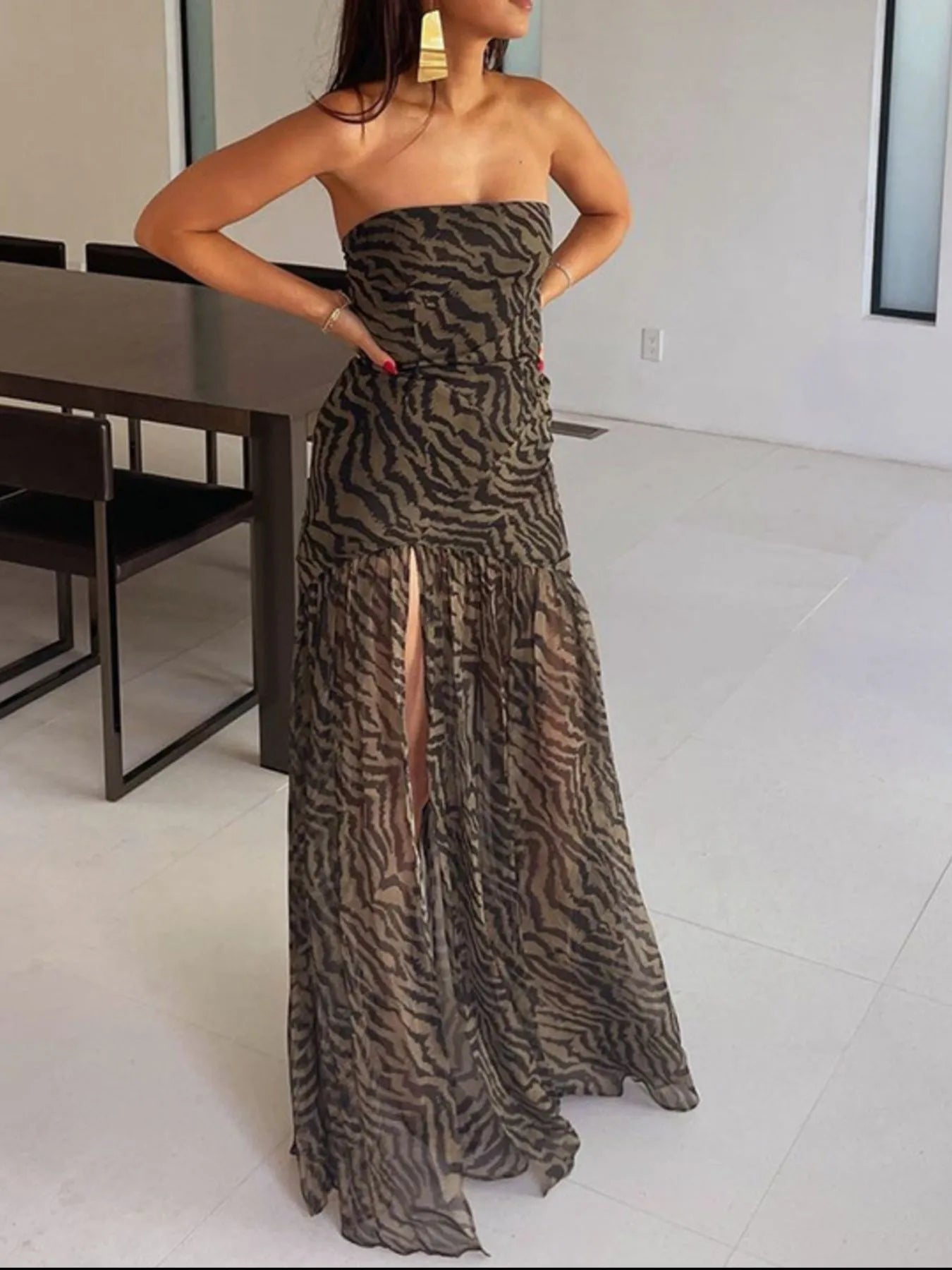 Zebra Print Maxi Dress with Side Slit - Flip Flop Dynasty