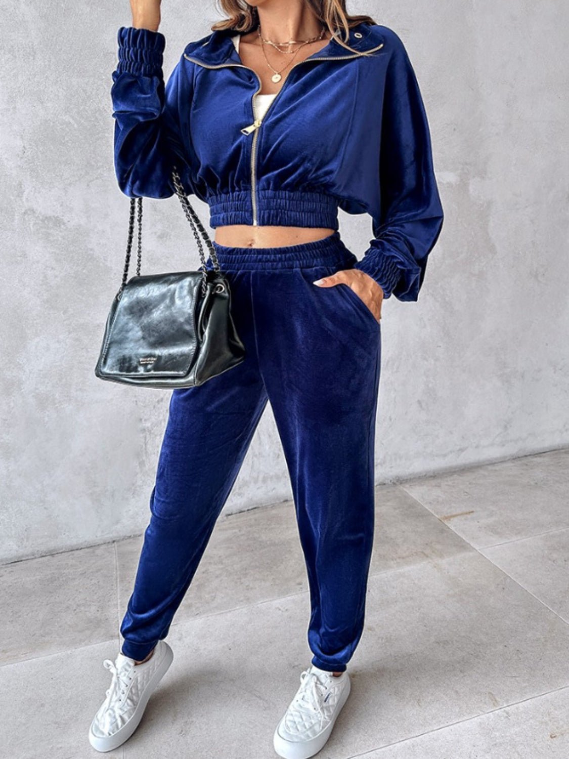 Zip Up Long Sleeve Cropped Top and Joggers Set - Flip Flop Dynasty