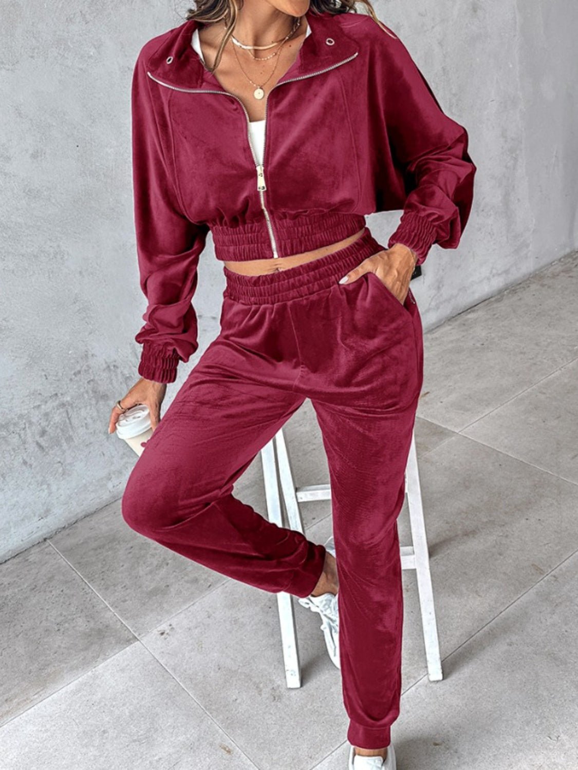 Zip Up Long Sleeve Cropped Top and Joggers Set - Flip Flop Dynasty