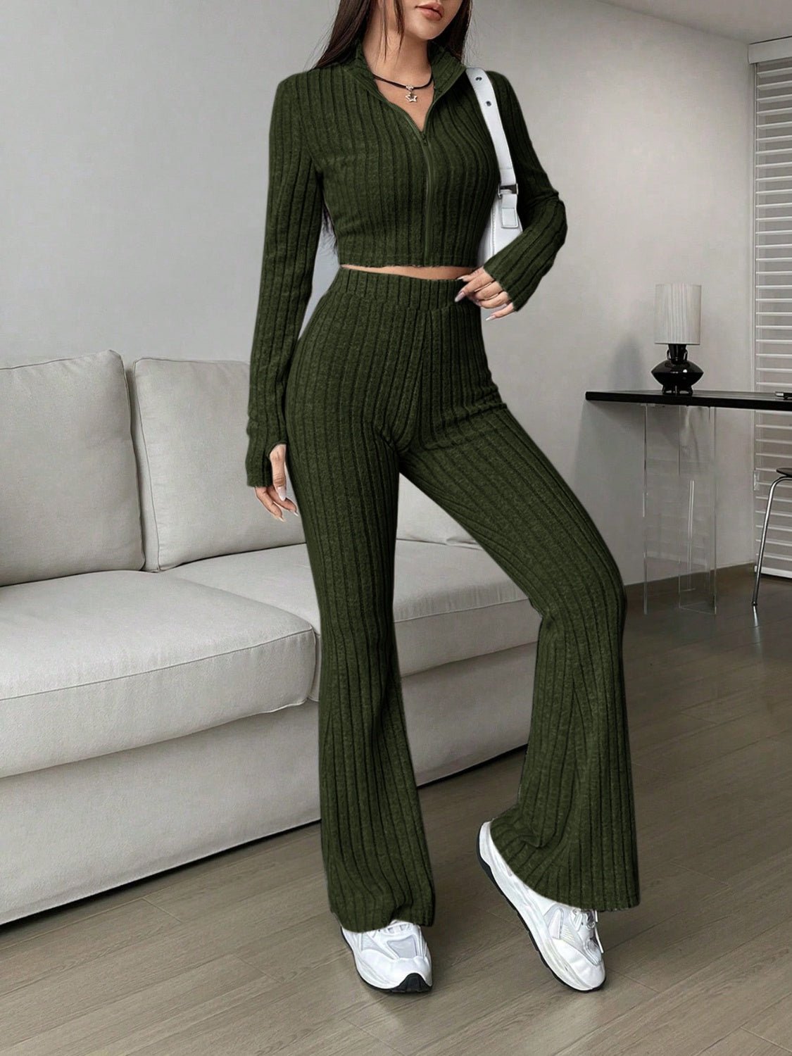 Zip Up Long Sleeve Top and Pants Set - Flip Flop Dynasty