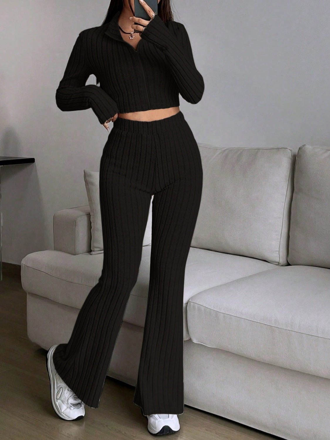 Zip Up Long Sleeve Top and Pants Set - Flip Flop Dynasty