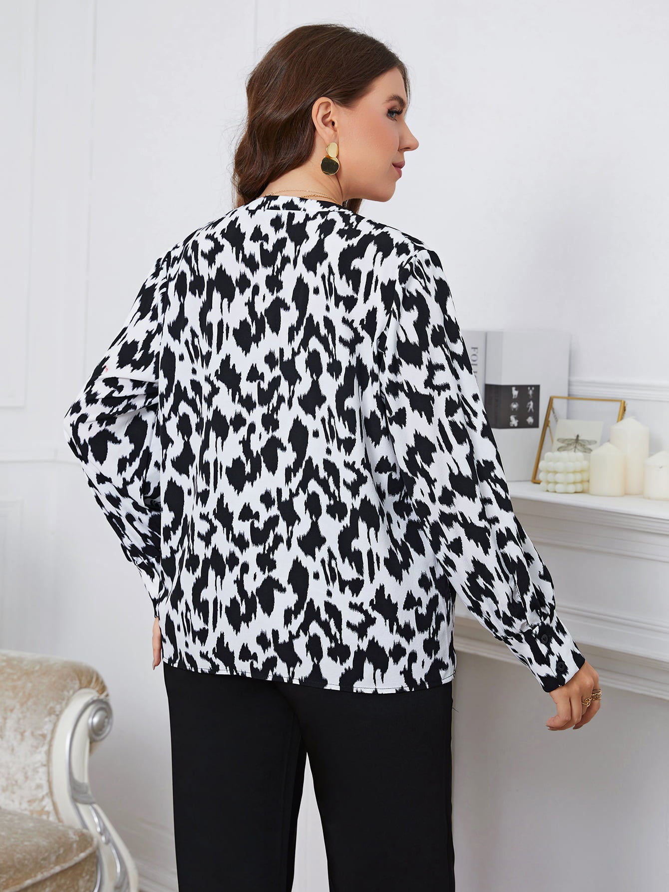 Melo Apparel Plus Size Printed Long Sleeve V-Neck Blouse