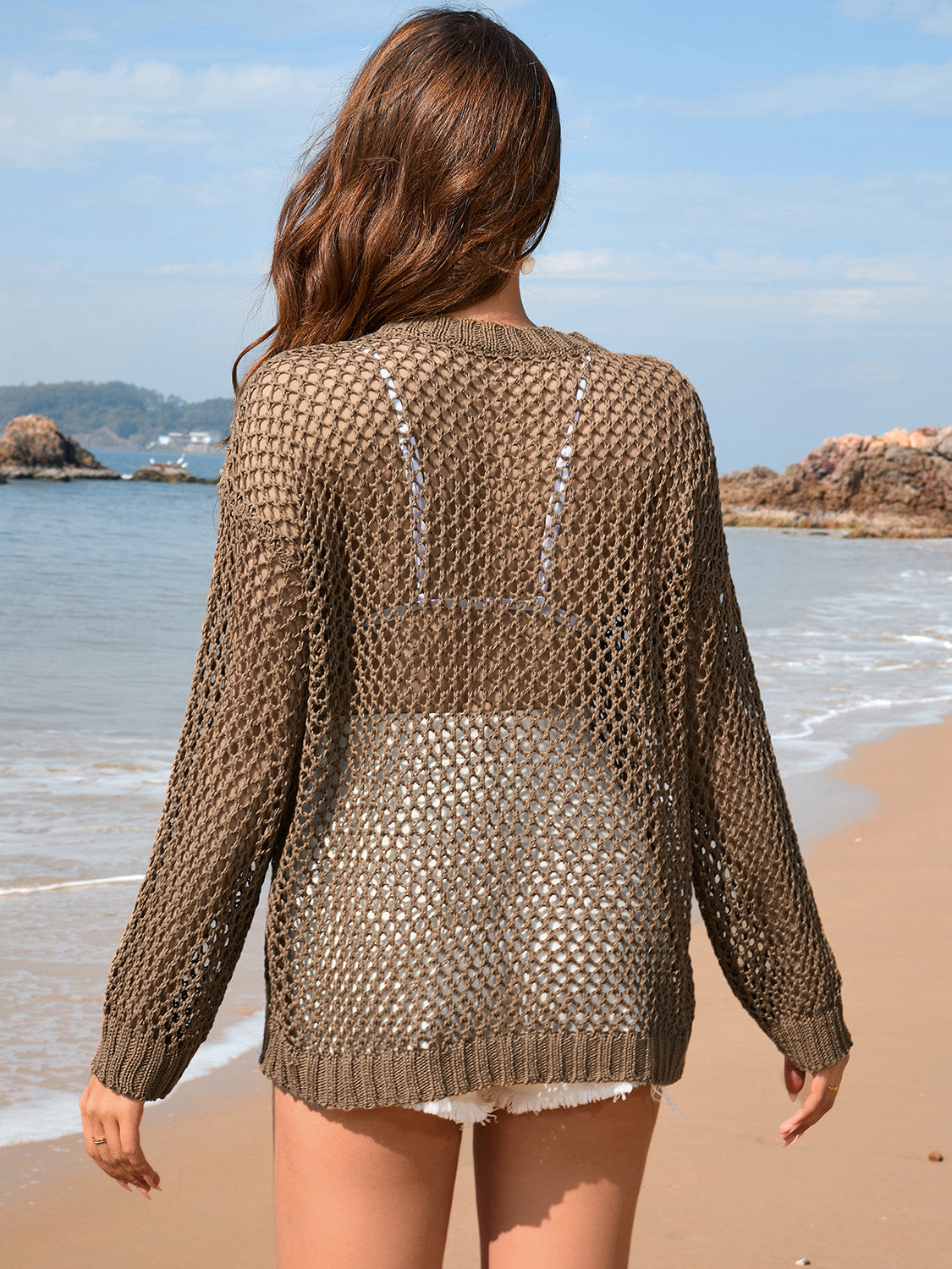 Heart Openwork Long Sleeve Cover-Up