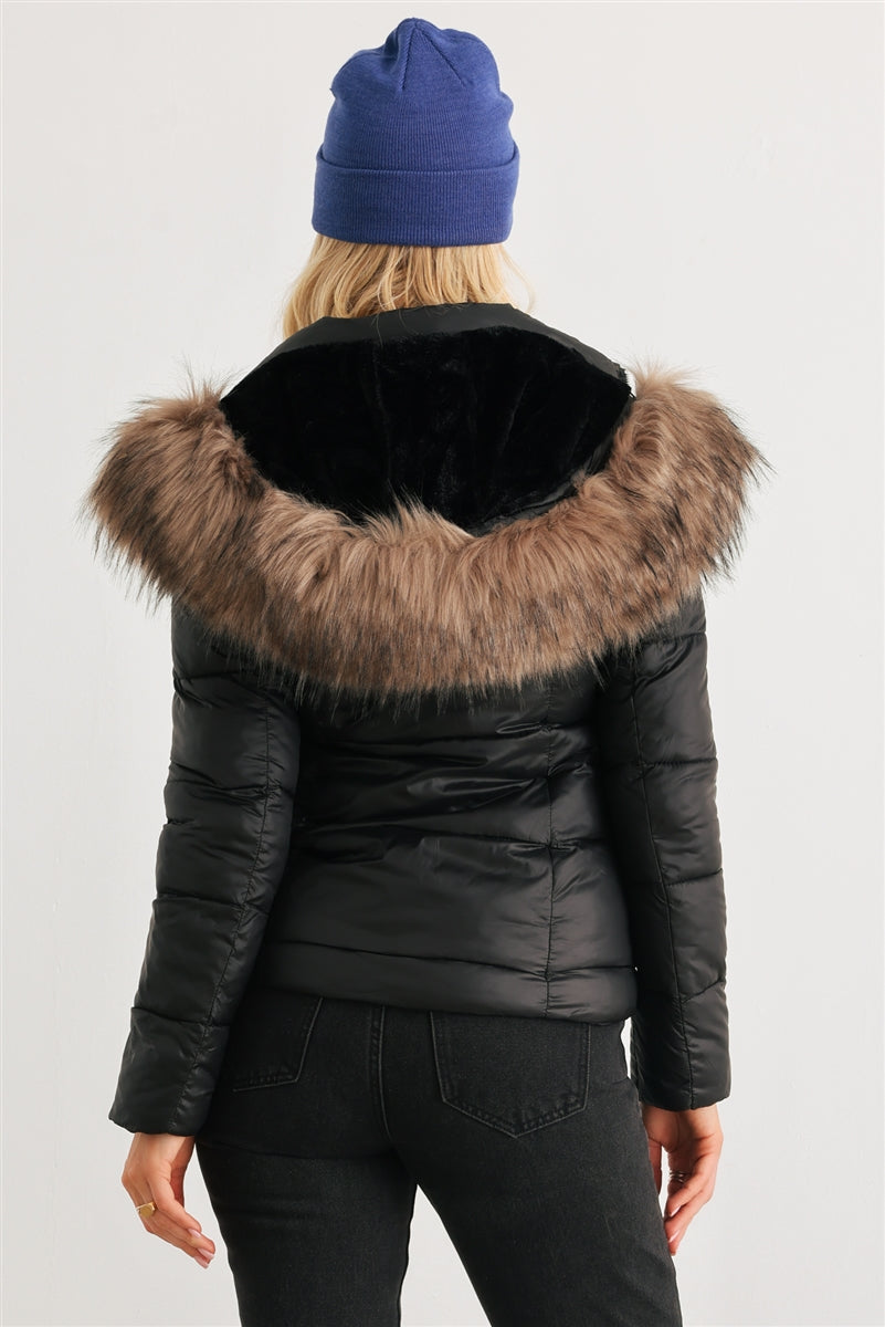 Long Sleeve Faux Fur Hood Padded Water Resistant Finish Jacket