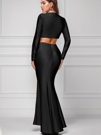 Ruched Long Sleeve Top and Slit Skirt Set