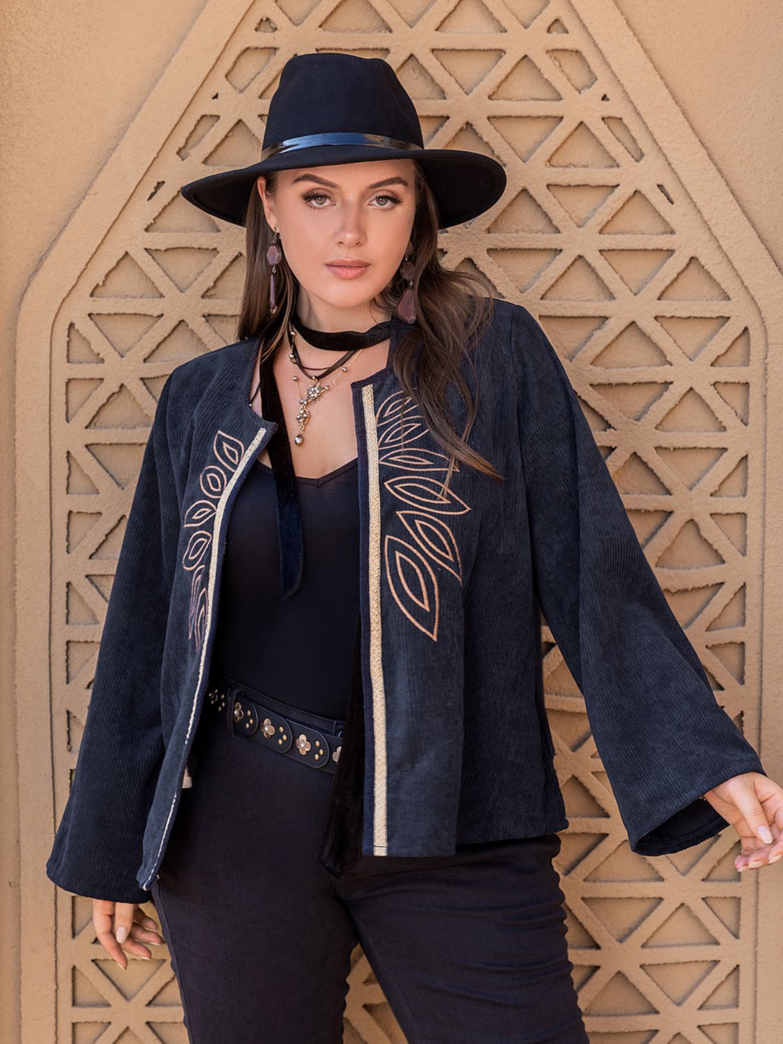 Plus Size Embroidered Open Front Jacket