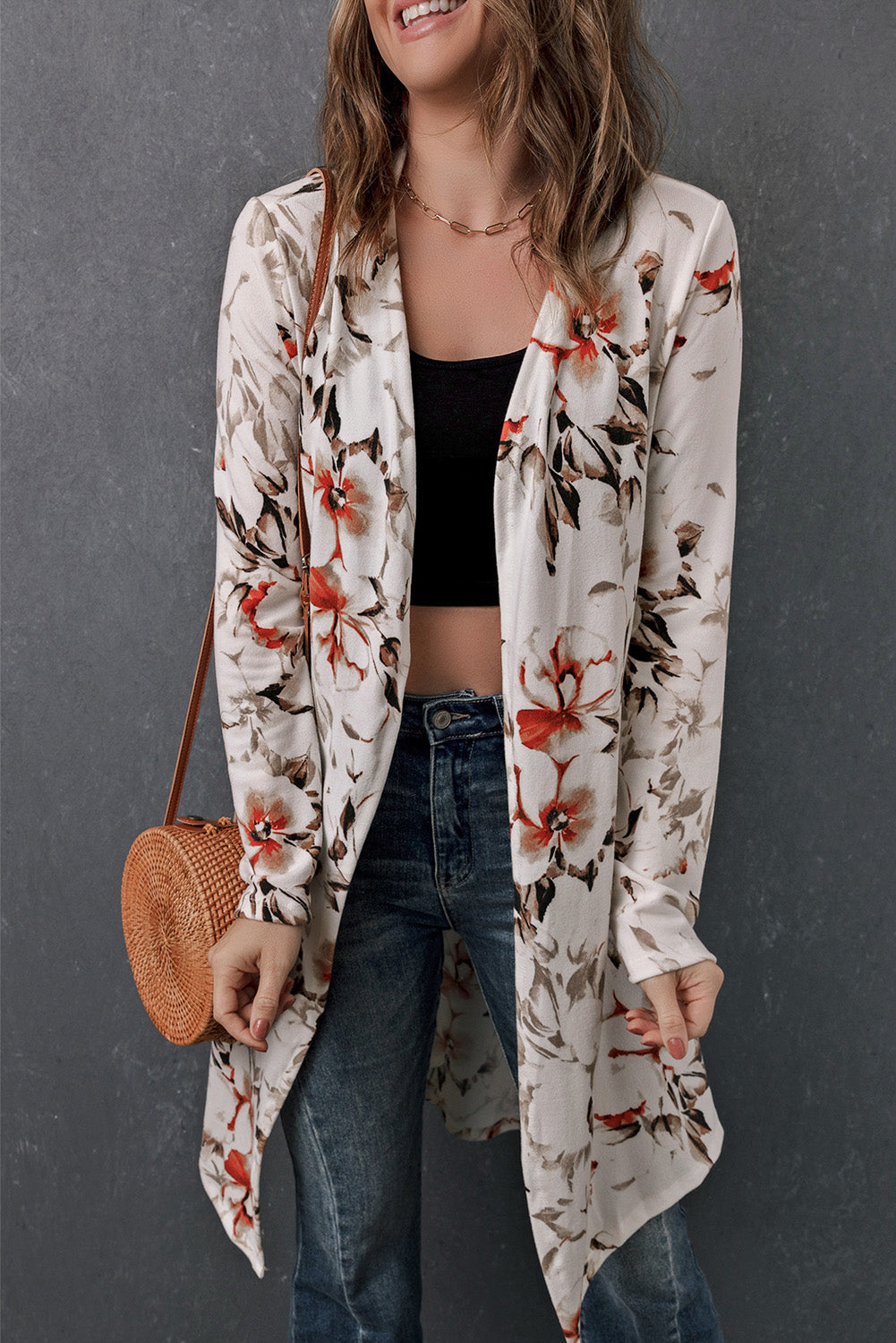 Double Take Printed Open Front Longline Cardigan