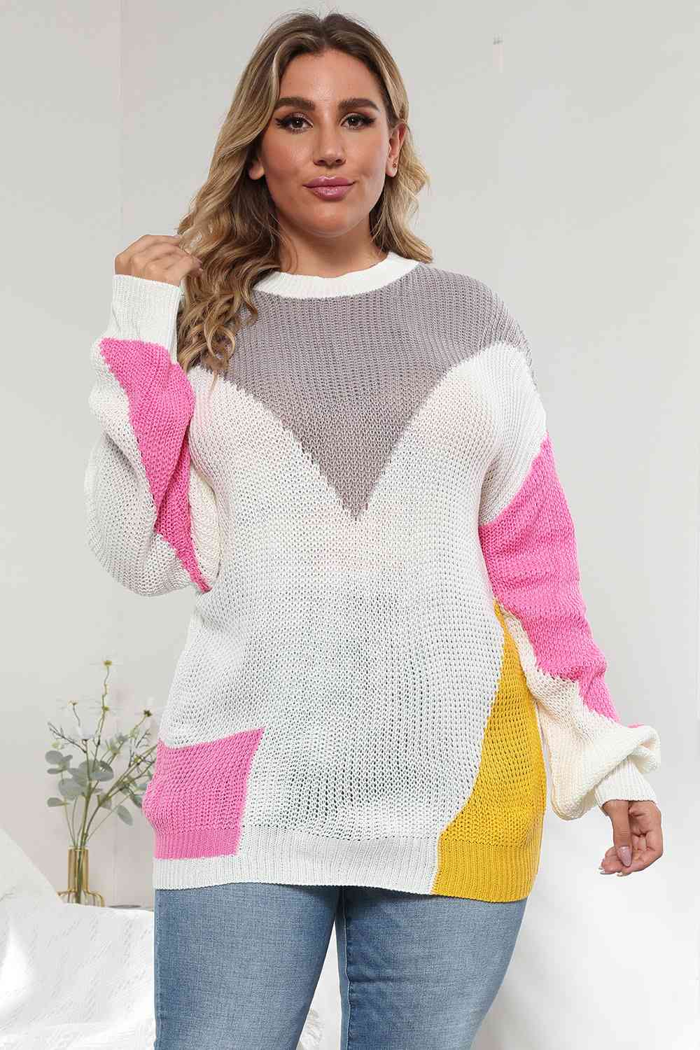 Plus Size Color Block Round Neck Sweater